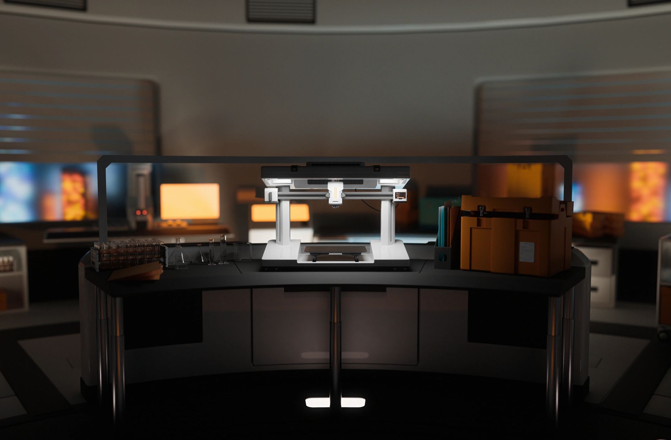 Research facility equipment at night